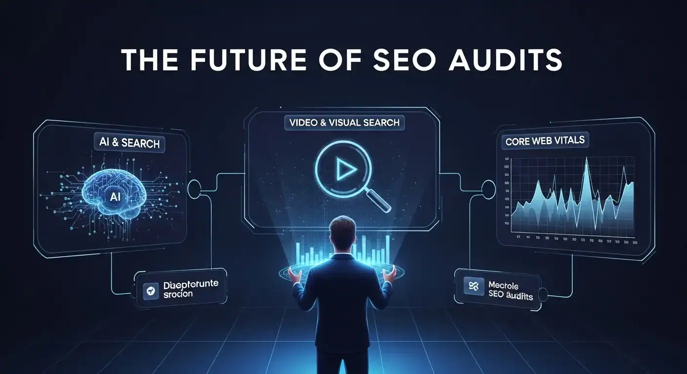 Future of SEO Audits: AI, Video Search, & Core Web Vitals illustration.